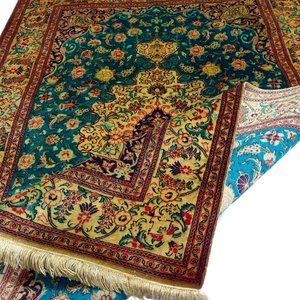 Handmade Turquoise Beige Red 4x3 Persian Qum 552 KPSI Rug 100% Silk Pile & Base